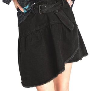 Zara Basic black‎ asymmetrical belted high waist yoked mini skater stretch skirt